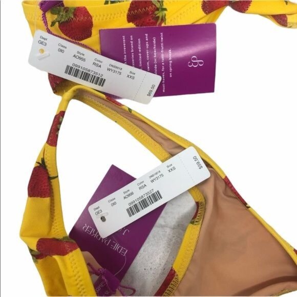 J. Crew Edie Parker Saffron Strawberry Print Bandeau High leg Bikini XXS NWT - Picture 9 of 9